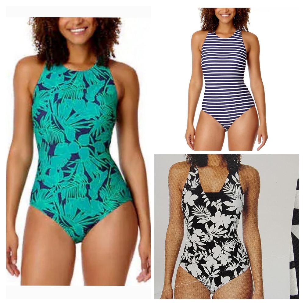 LOT OF 3 Lands End Women's Small one piece swimsuit bathing suit floral stripe